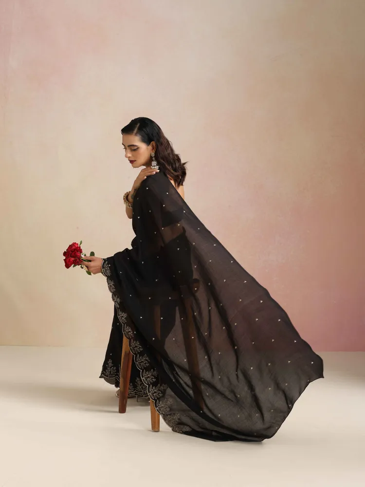 True Browns Black All Over Zari Embroidered Saree With Unstitched Blouse