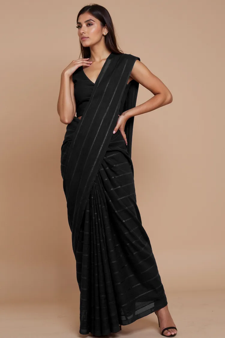 True Browns Black Stripe Saree With Unstitched Blouse