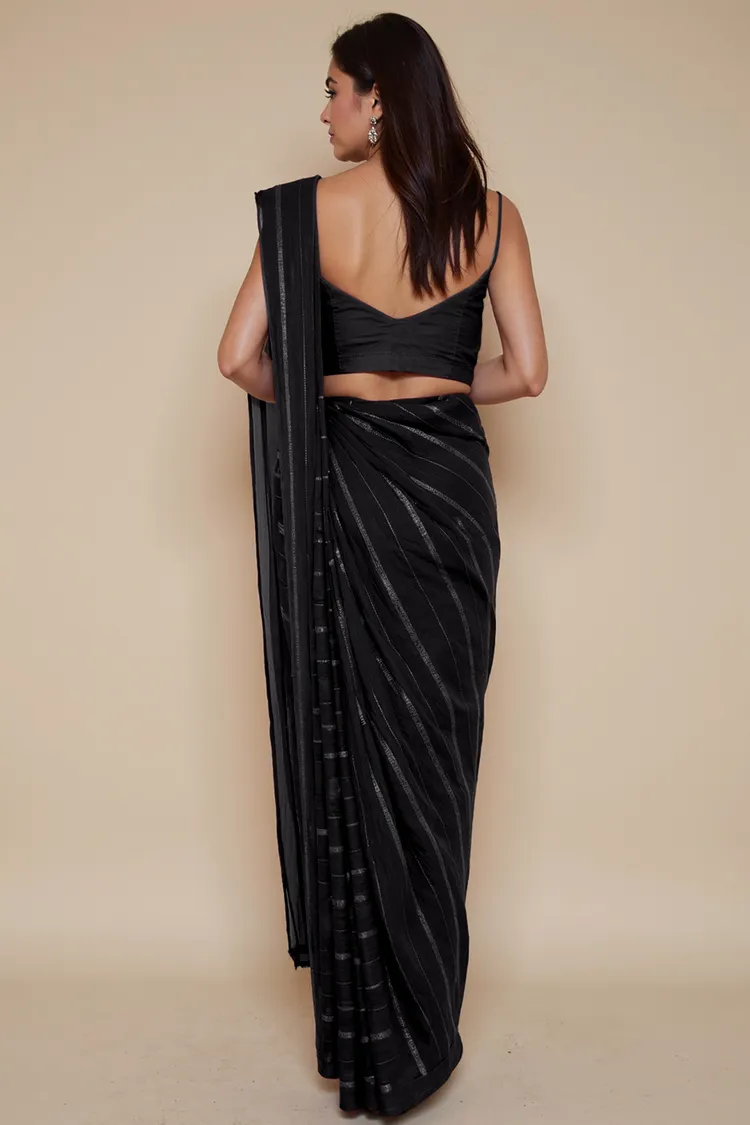 True Browns Black Stripe Saree With Unstitched Blouse