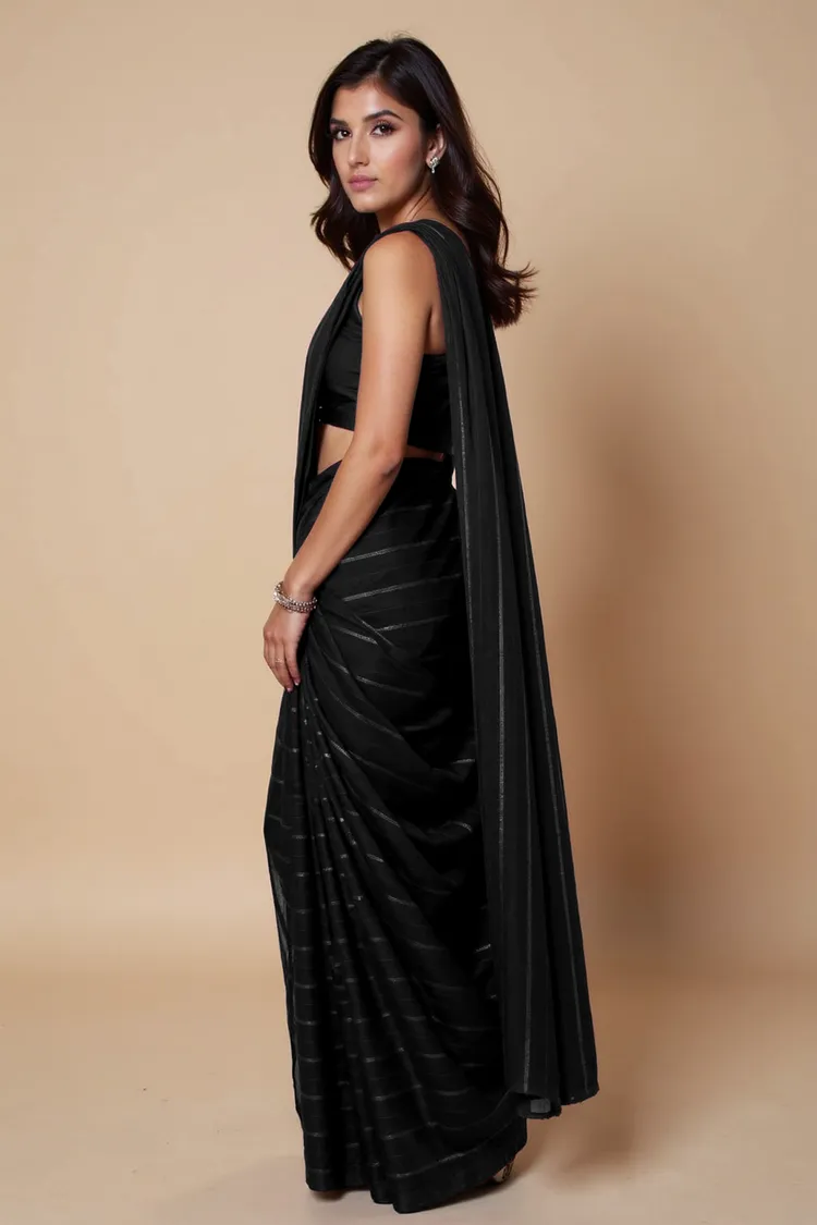True Browns Black Stripe Saree With Unstitched Blouse