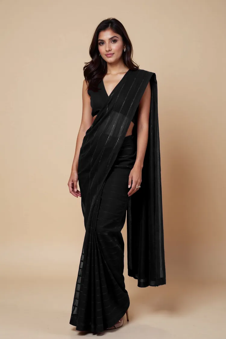 True Browns Black Stripe Saree With Unstitched Blouse