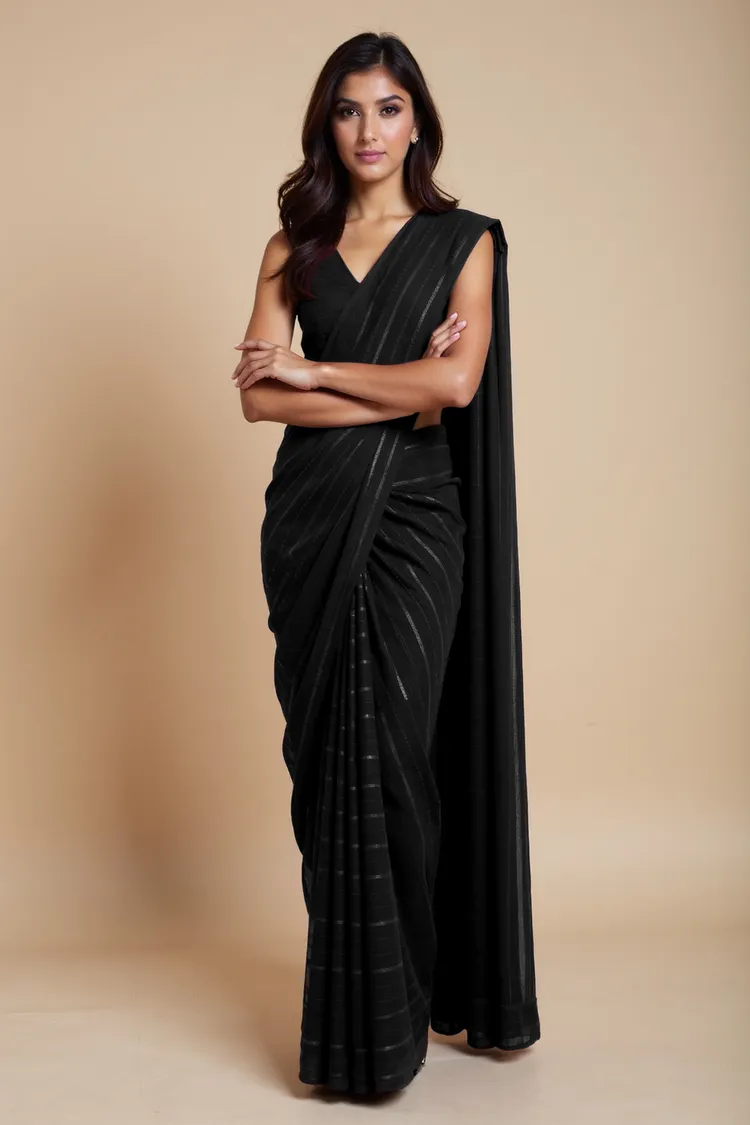 True Browns Black Stripe Saree With Unstitched Blouse