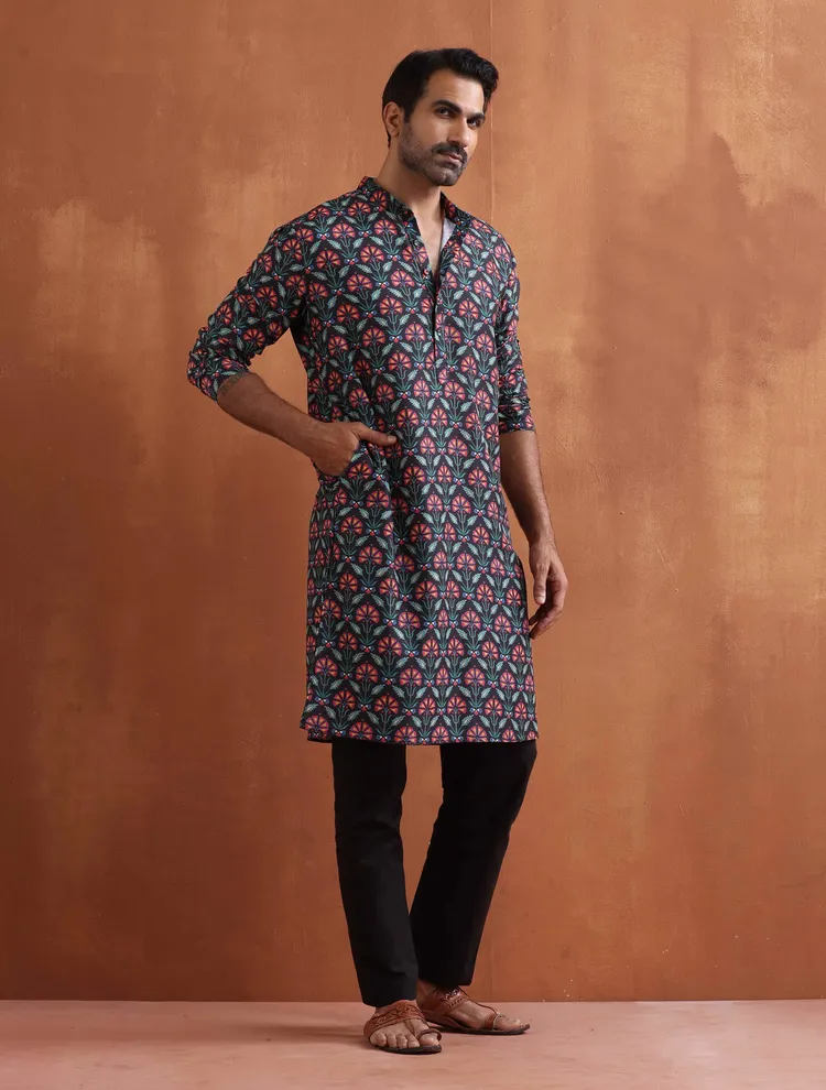 True Browns Men's Black Floral Printed Kurta