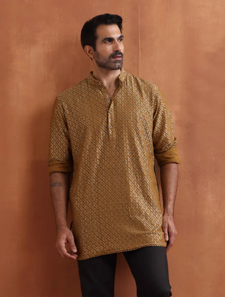 True Browns Men's Mustard Cotton Dobby Short Kurta