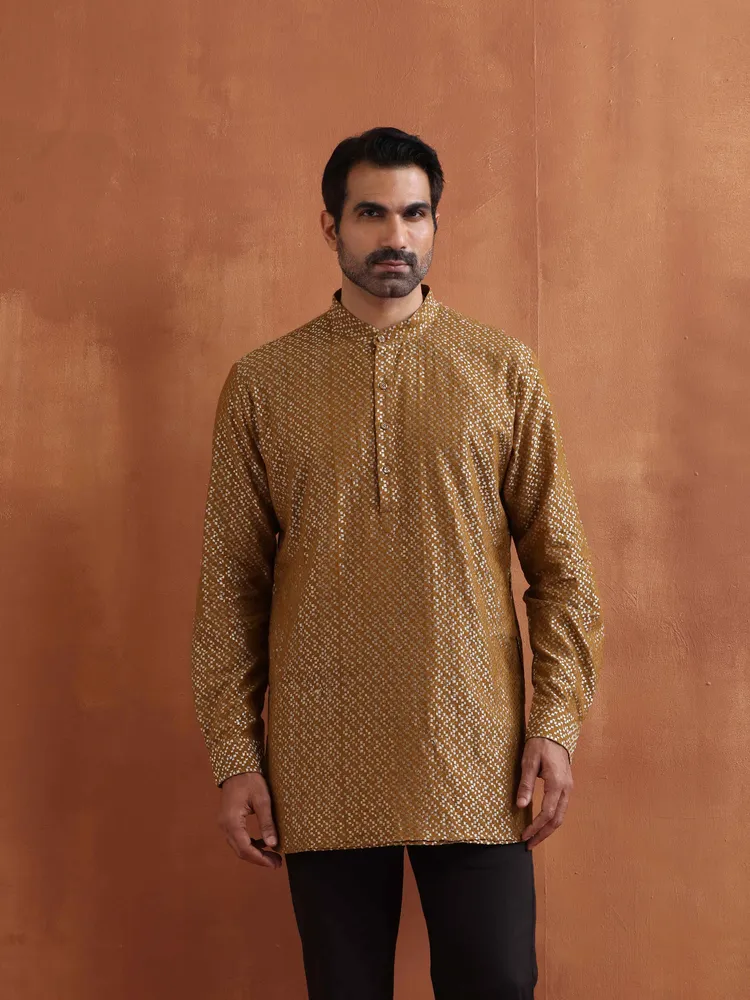 True Browns Men's Mustard Cotton Dobby Short Kurta