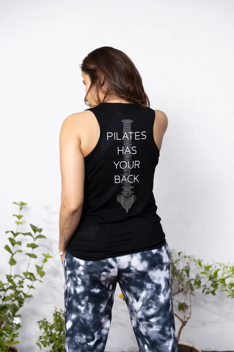 Pilates Has Your Back' Printed Racer Black Top