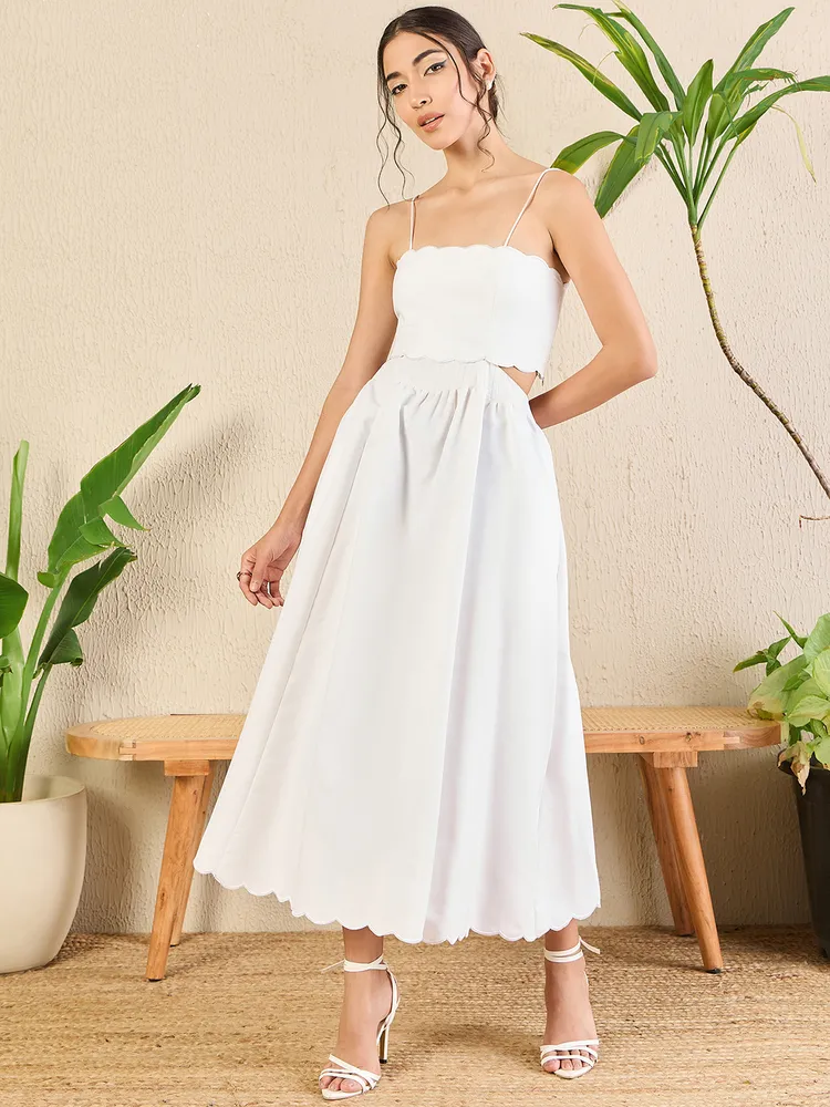 Scalloped Fit and Flare Midi Cotton Dress