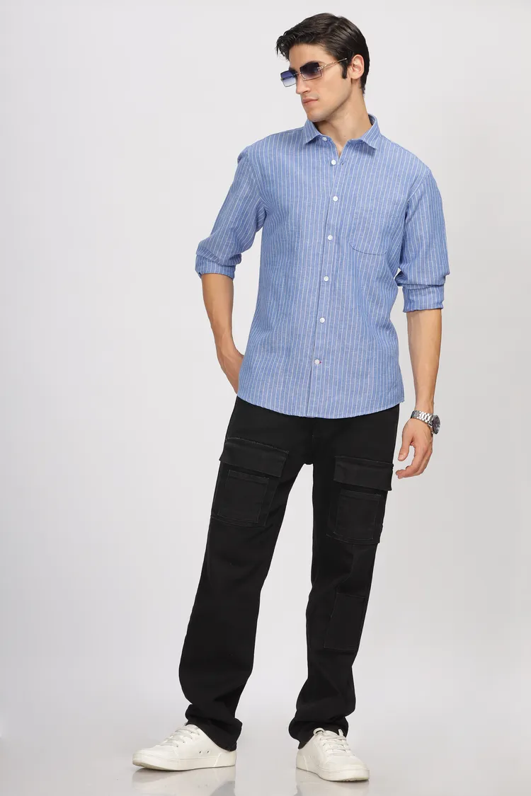 Uri Blue Linen Striped Full Sleeve Shirt