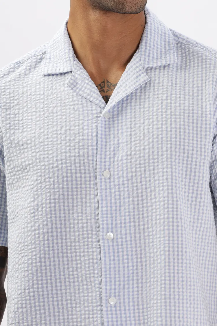 Uri Blue Gingham Check Casual Half Sleeve Shirt