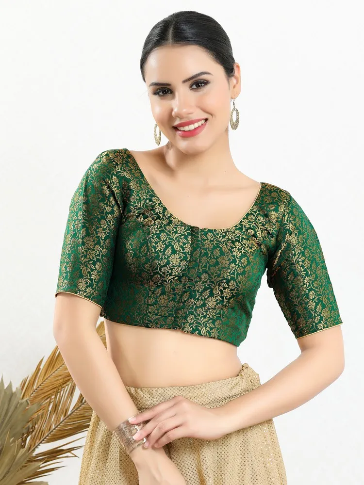 Vamas Women's Brocade Padded Front Open Elbow Sleeves Saree Blouse