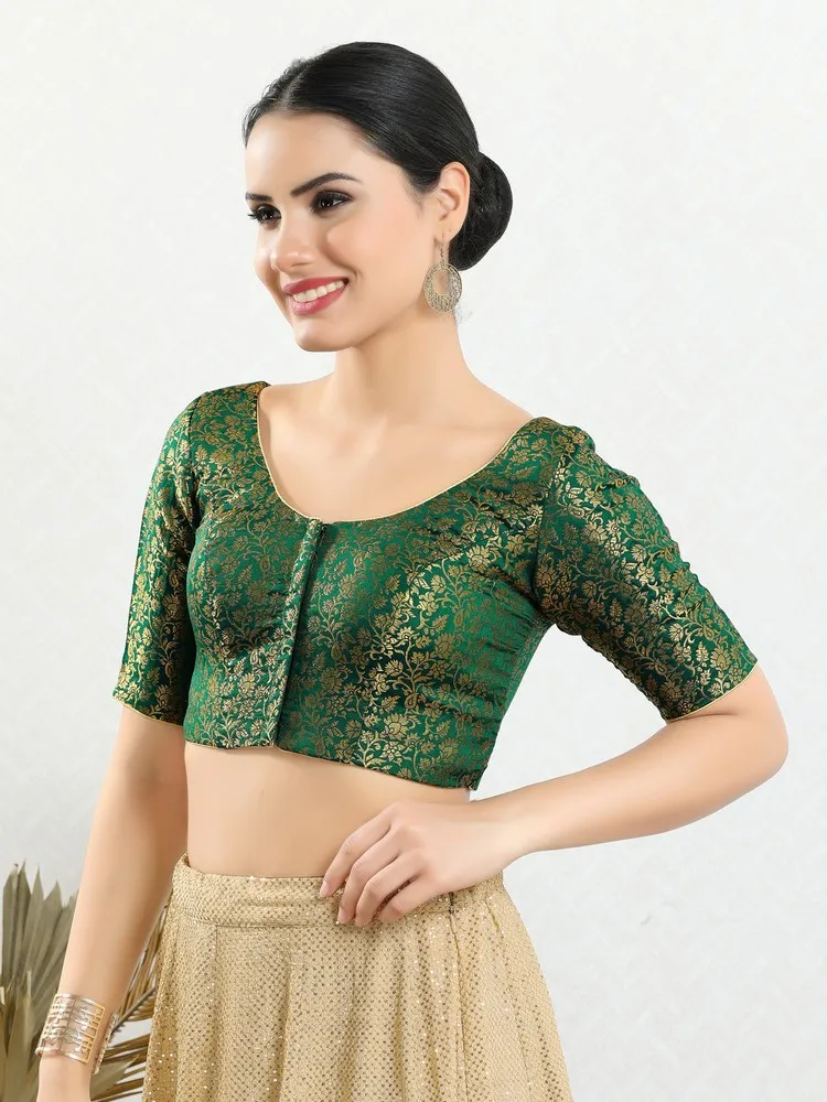 Vamas Women's Brocade Padded Front Open Elbow Sleeves Saree Blouse