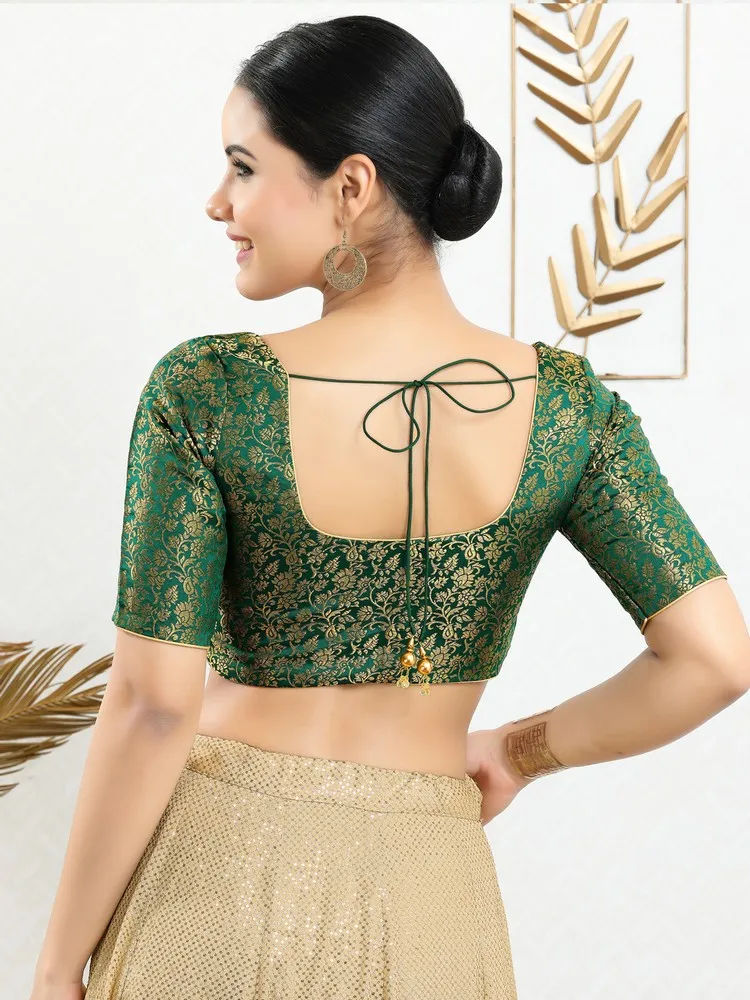 Vamas Women's Brocade Padded Front Open Elbow Sleeves Saree Blouse