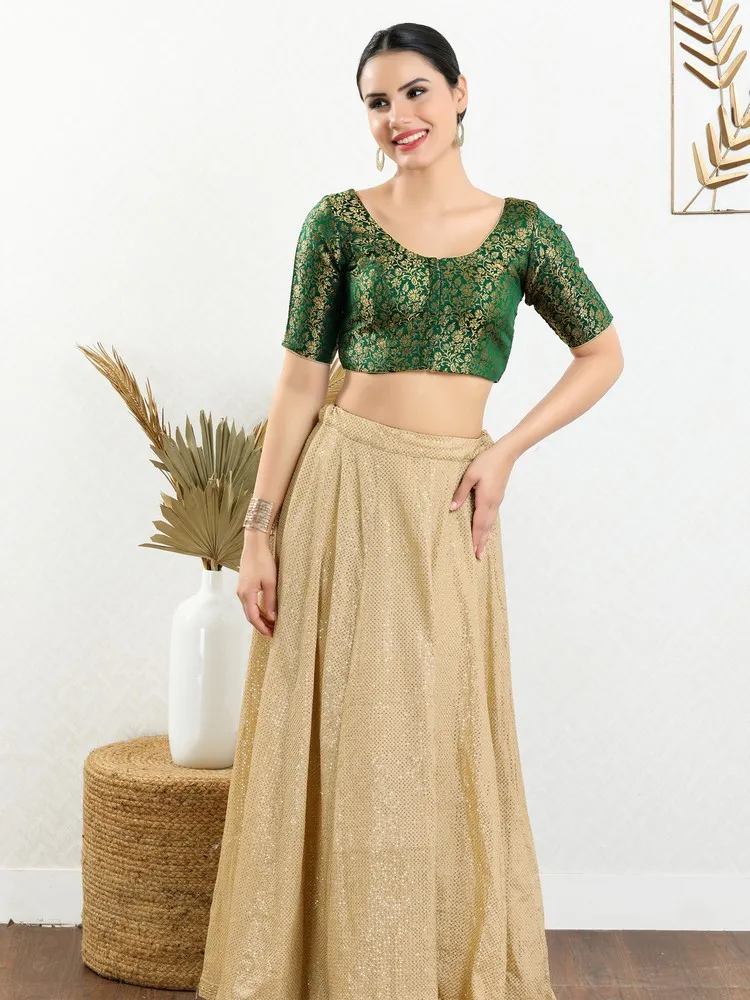 Vamas Women's Brocade Padded Front Open Elbow Sleeves Saree Blouse