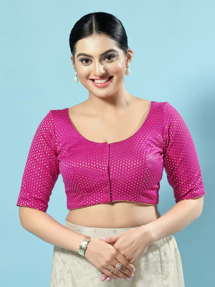 Vamas Women's Brocade Padded Front Open Elbow Sleeves Saree Blouse