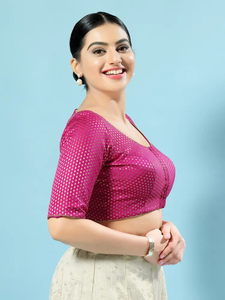 Vamas Women's Brocade Padded Front Open Elbow Sleeves Saree Blouse