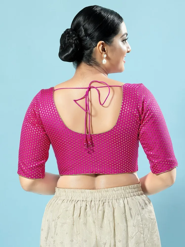 Vamas Women's Brocade Padded Front Open Elbow Sleeves Saree Blouse