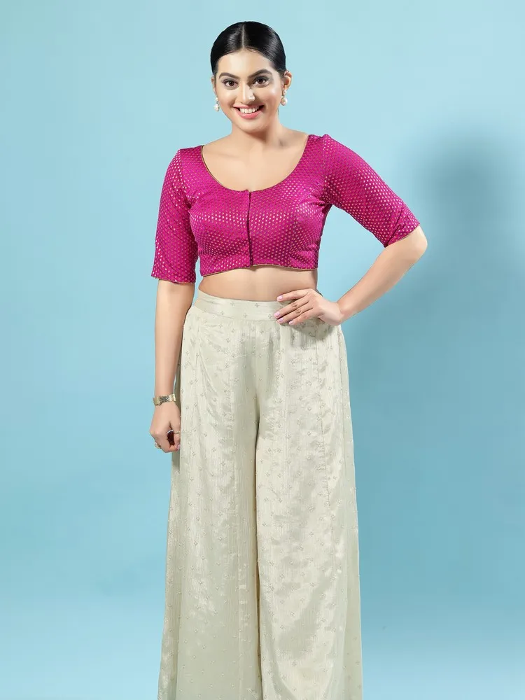 Vamas Women's Brocade Padded Front Open Elbow Sleeves Saree Blouse