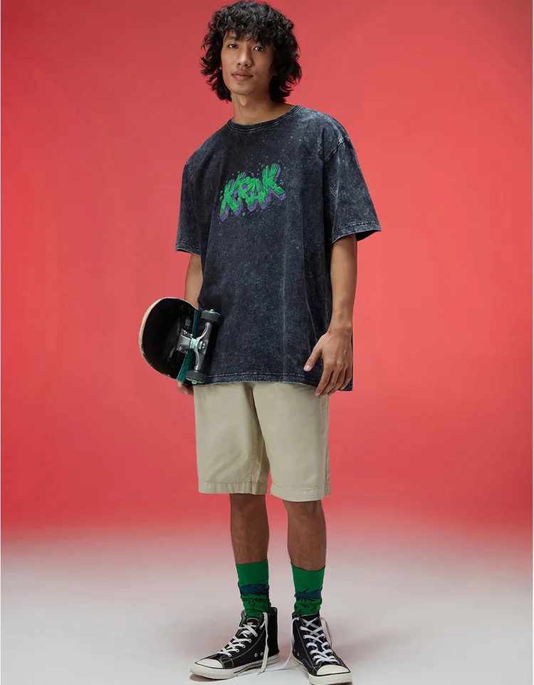 Men's Graphic Print Oversized Fit Half Sleeve Round Neck Cotton Acid Wash T-Shirt in Black Colors with Sizes L