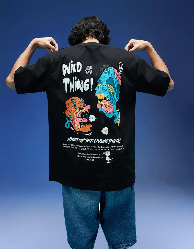 Oversized Baggy Fit Drop Shoulder Latest Graphic Printed Design Half Sleeve Black Colour T-Shirt for Men in L Size