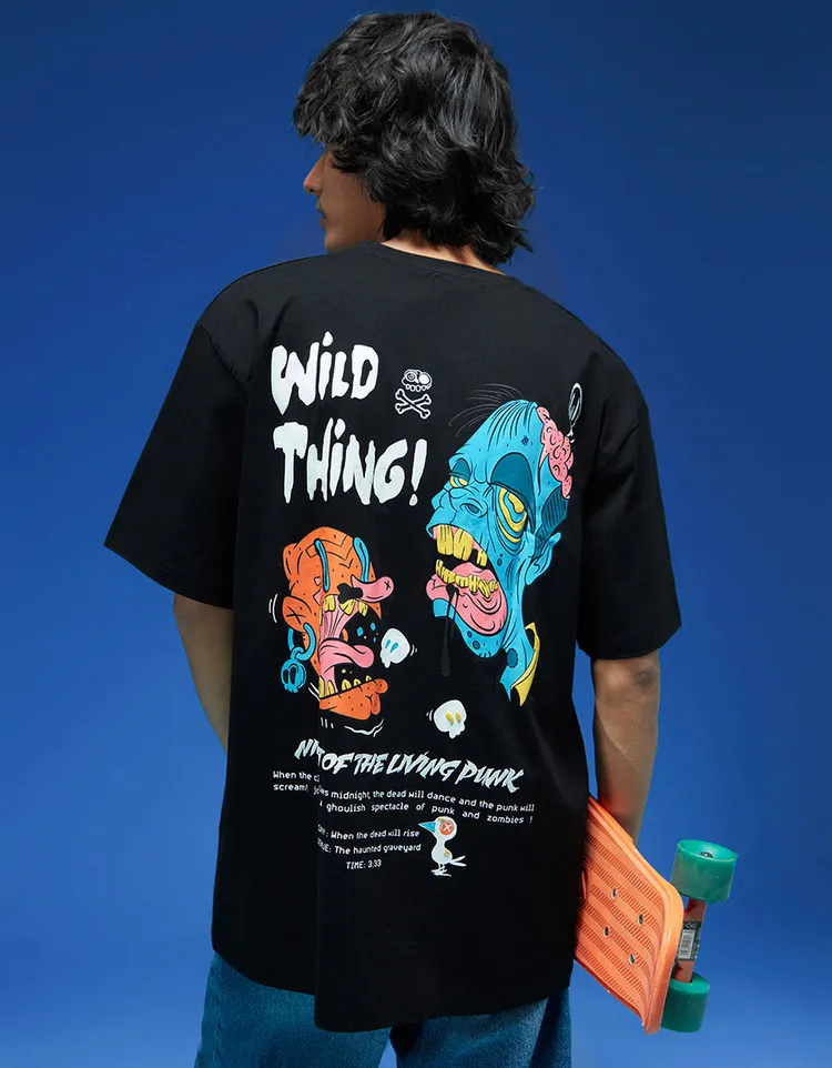 Oversized Baggy Fit Drop Shoulder Latest Graphic Printed Design Half Sleeve Black Colour T-Shirt for Men in L Size