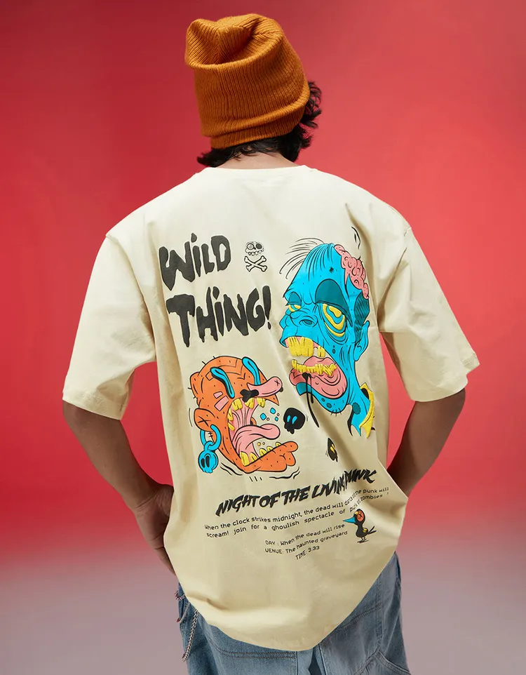 Oversized Baggy Fit Drop Shoulder Latest Graphic Printed Design Half Sleeve Swan White Colour T-Shirt for Men in L Size