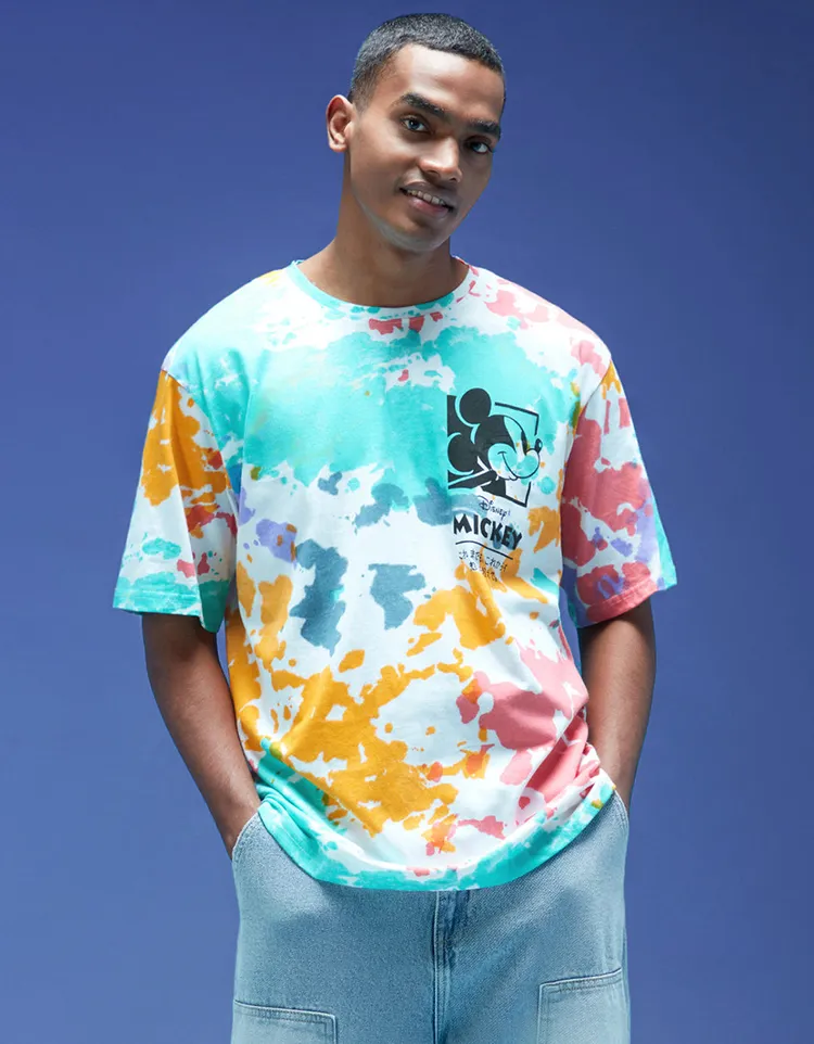 100% Pure Cotton Multicolour Tie-Dye Official Disney Merchandise Oversized Cotton Crew Neck T-Shirt with Mickey Mouse Print for Women & Girls