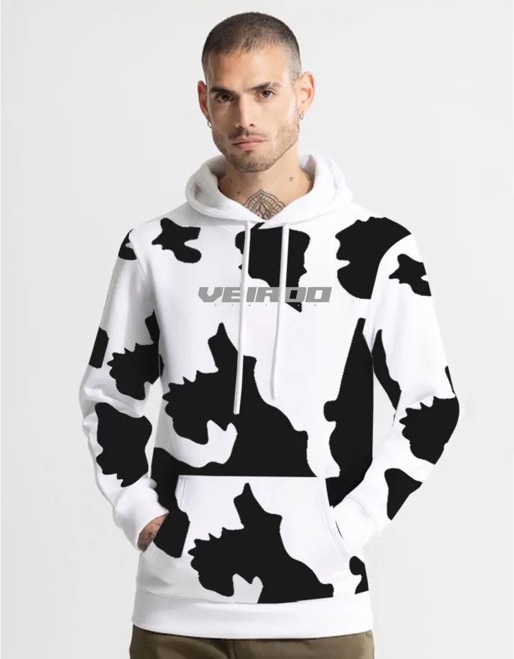 Cotton Fleece Regular Fit Hooded Sweatshirt All Over Printed Animal Cow Printed Hoodie for Men
