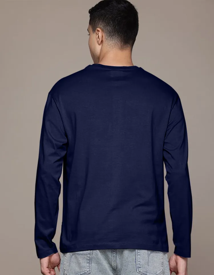 Pure Cotton Regular Fit Solid Navy Full Sleeve T-Shirt for Men & Boys