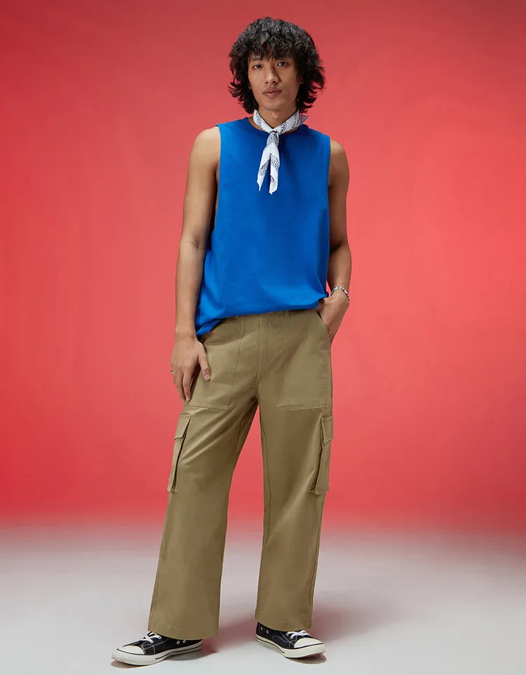 Lycra Baggy Relaxed Fit with Solid Button Closure Casual Woven Regular Length Cargo Pants for Men