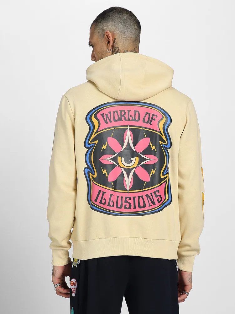 Cotton Polly Fleece Regular Fit Beige Graphic Print Hoodie for Men