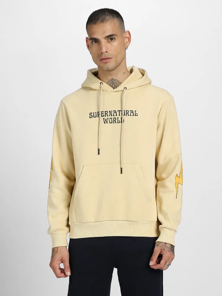Cotton Polly Fleece Regular Fit Beige Graphic Print Hoodie for Men