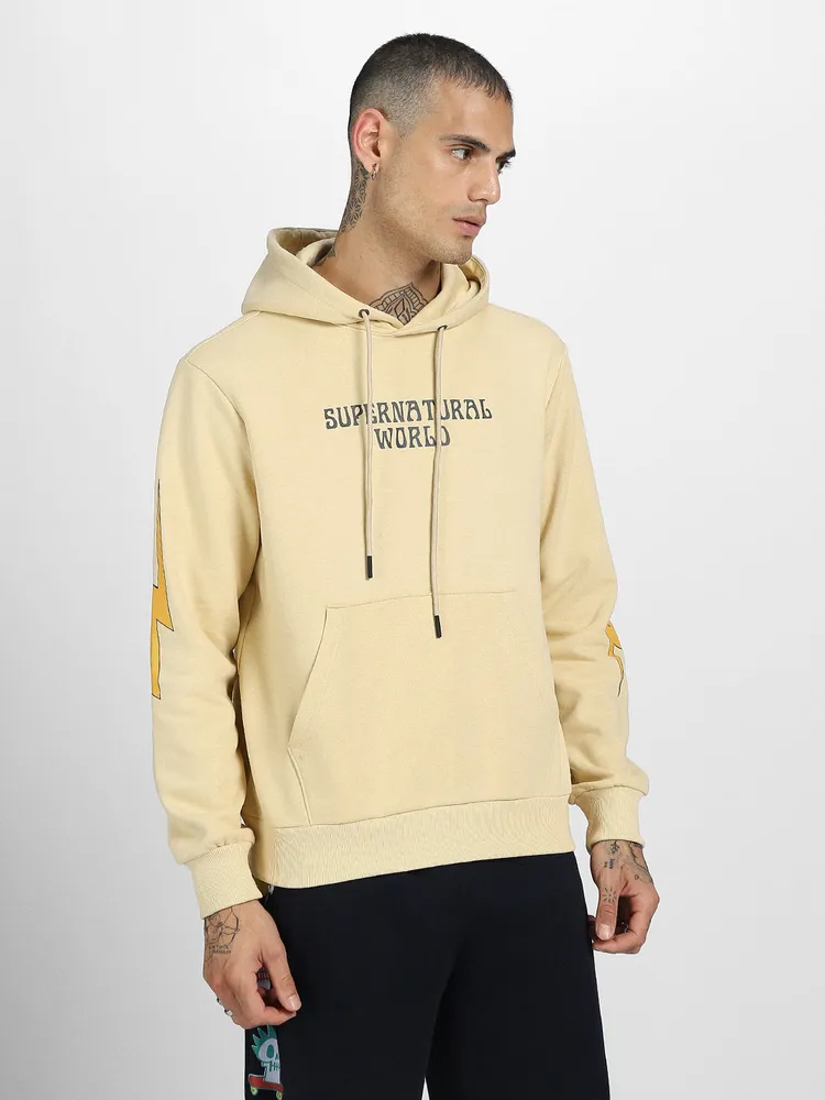 Cotton Polly Fleece Regular Fit Beige Graphic Print Hoodie for Men