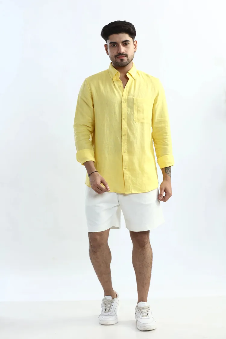 100% PURE LINEN BUTTERCUP YELLOW BUTTON DOWN CASUAL SHIRT