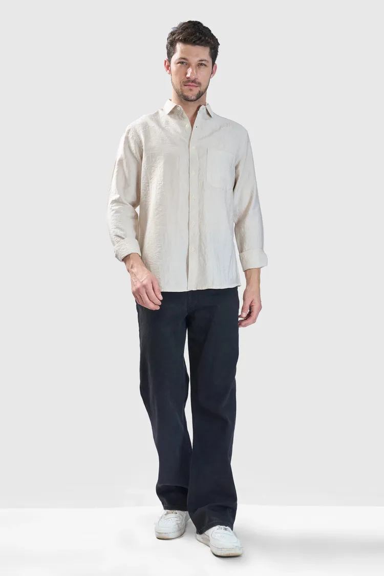 XKIND BEIGE CRUSH WRINKLED LOOK REGULAR FIT SHIRT
