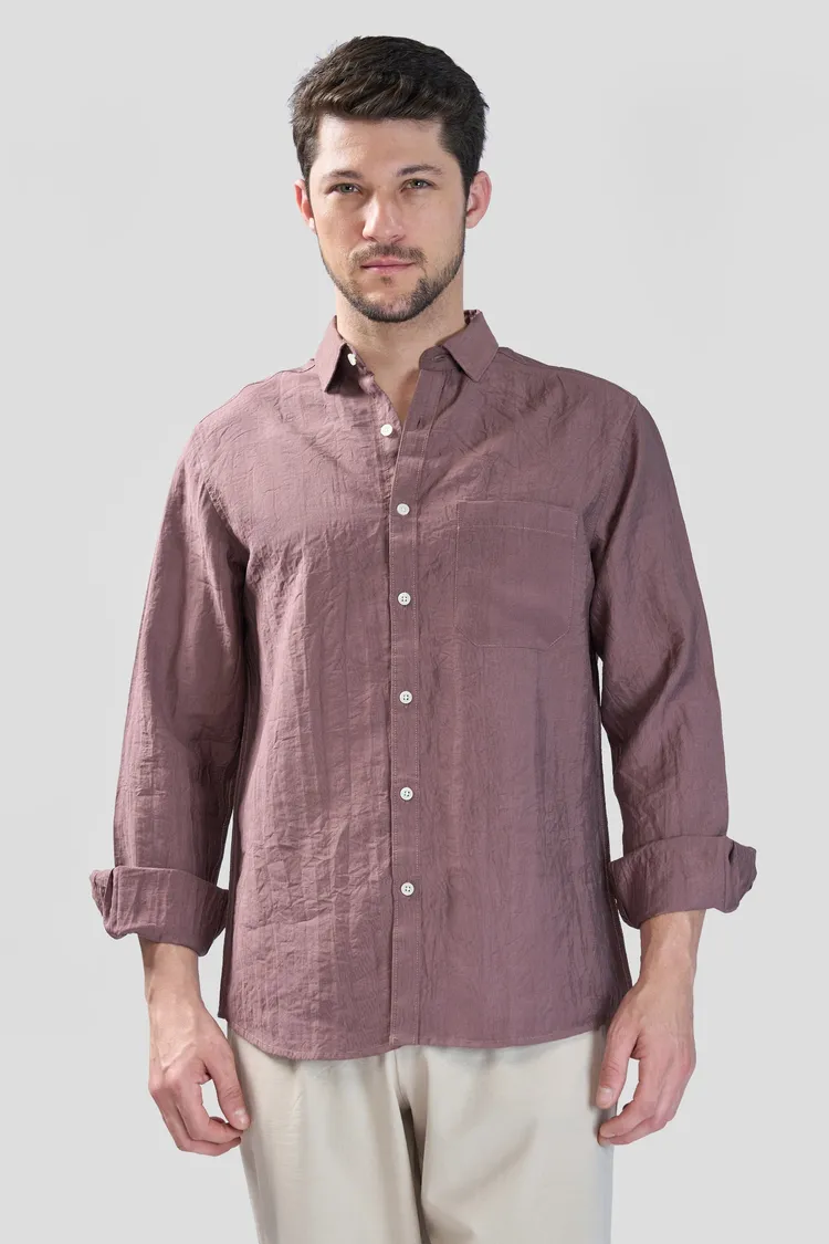 XKIND BROWN CRUSH WRINKLED LOOK REGULAR FIT SHIRT