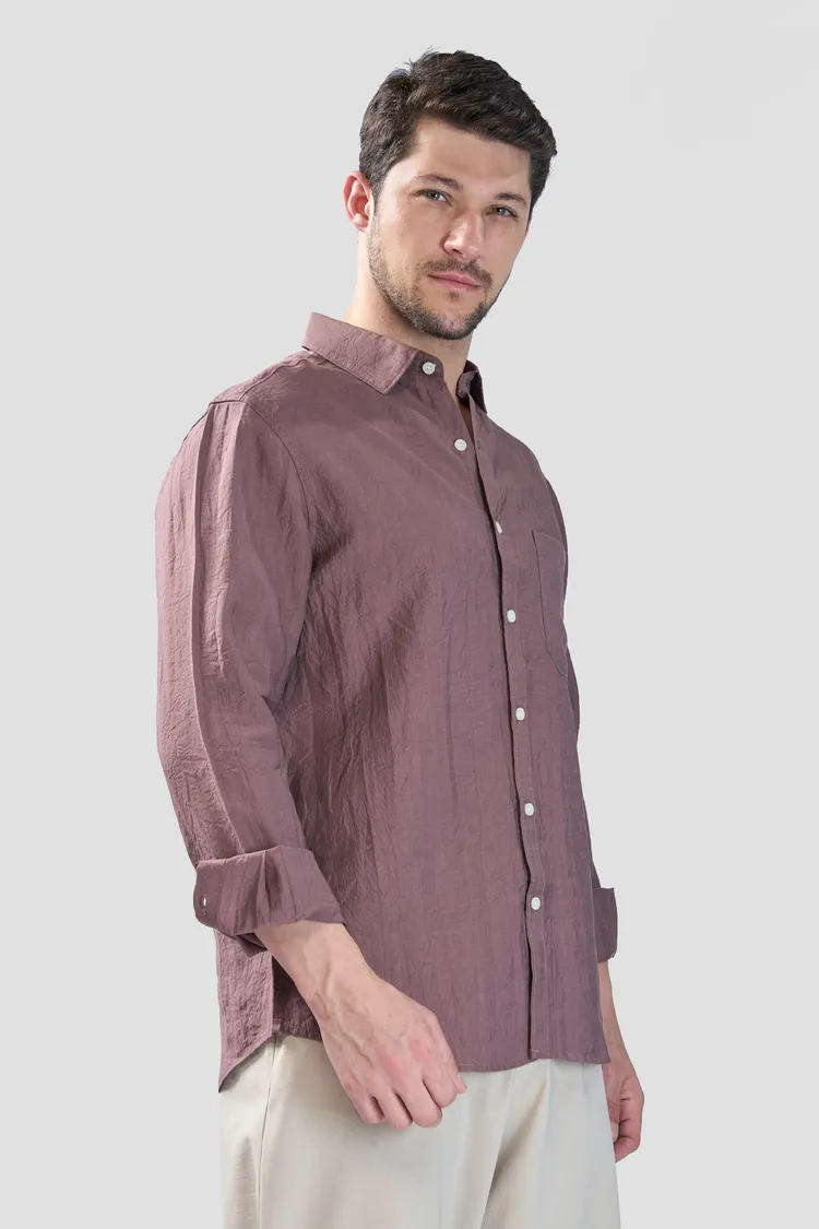 XKIND BROWN CRUSH WRINKLED LOOK REGULAR FIT SHIRT