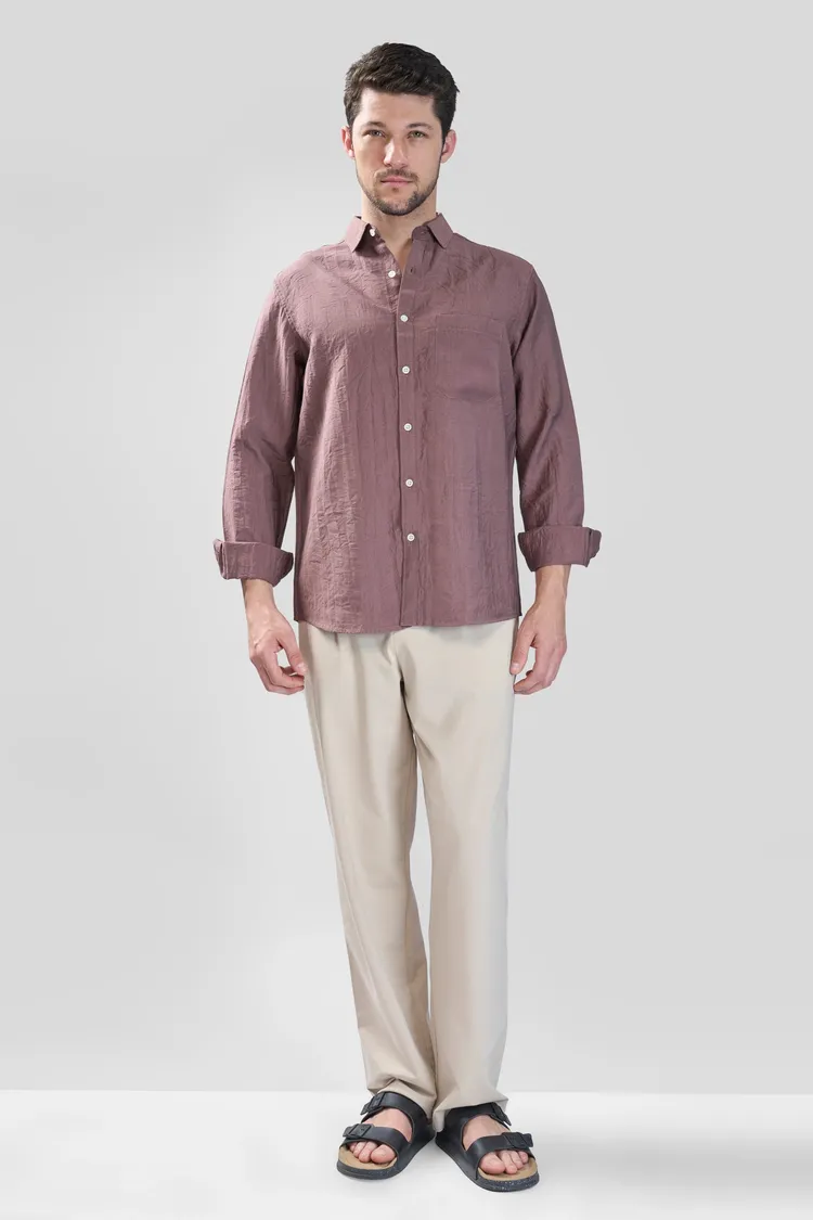 XKIND BROWN CRUSH WRINKLED LOOK REGULAR FIT SHIRT