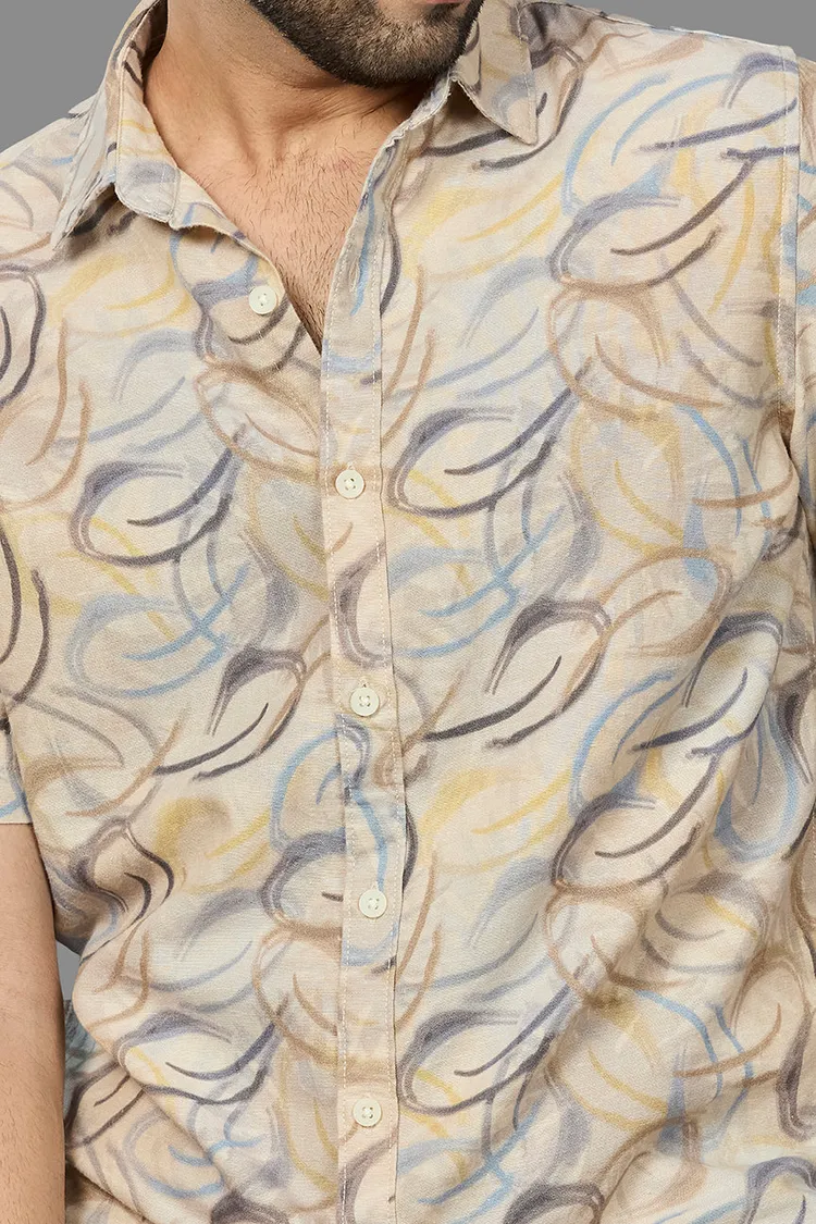 XKIND BEIGE LINEN PRINTED REGULAR FIT SHIRT