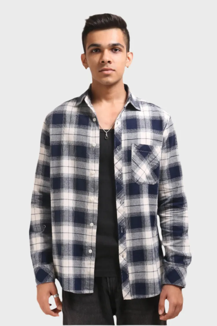 XKIND MEN'S NAVY BLUE FLANNEL CHECKS REGULAR FIT SHIRT