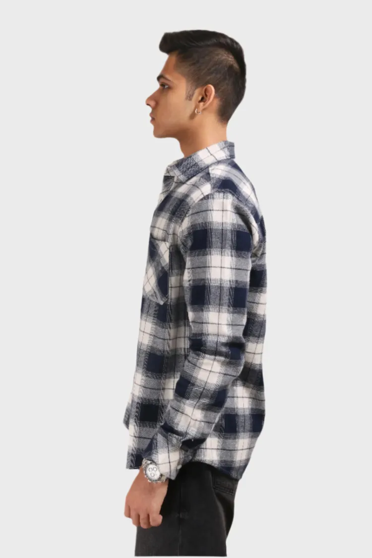 XKIND MEN'S NAVY BLUE FLANNEL CHECKS REGULAR FIT SHIRT