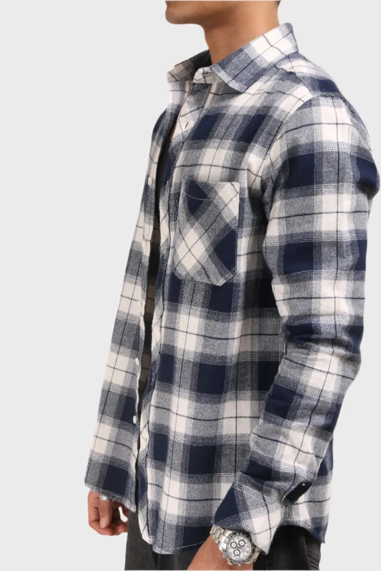 XKIND MEN'S NAVY BLUE FLANNEL CHECKS REGULAR FIT SHIRT
