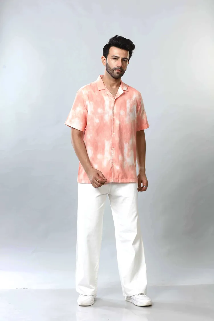 XKIND ORANGE PRINTED SLUB RELAXED FIT SHIRT