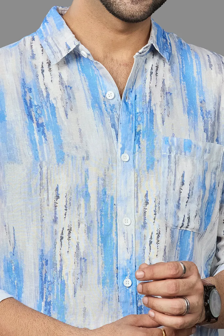XKIND SKYBLUE LINEN PRINTED SLIM FIT SHIRT