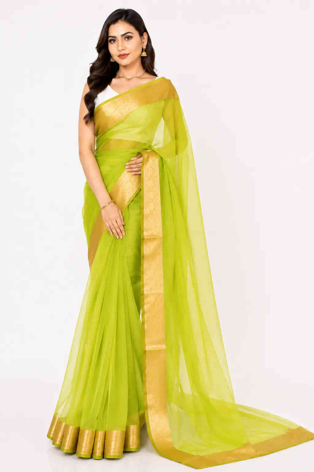 organza tissue sari with gold zari border