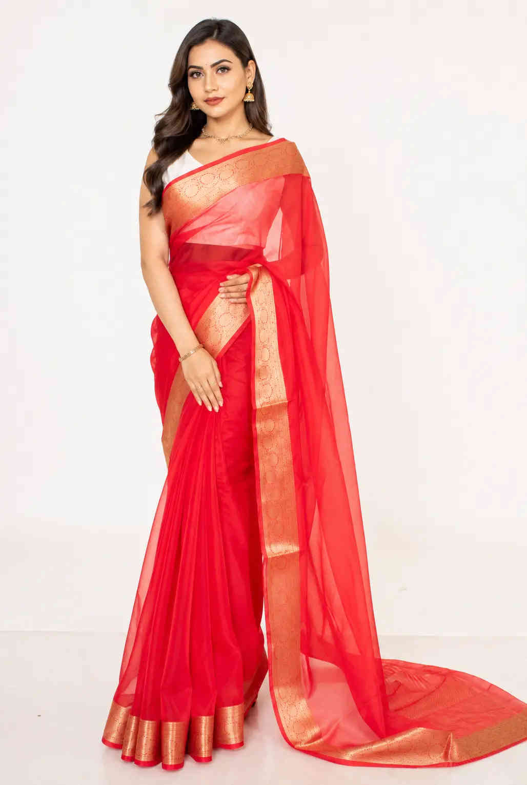 organza tissue sari with gold zari border