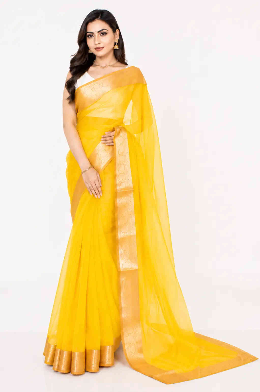 organza tissue sari with gold zari border