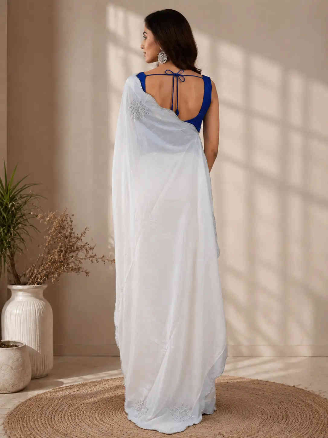 Midnight Silver Elegance – Navy Blue Embroidered Sheer Saree