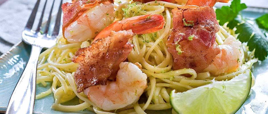 Bacon Wrapped Shrimp Over Pasta with Lime Butter Sauce
