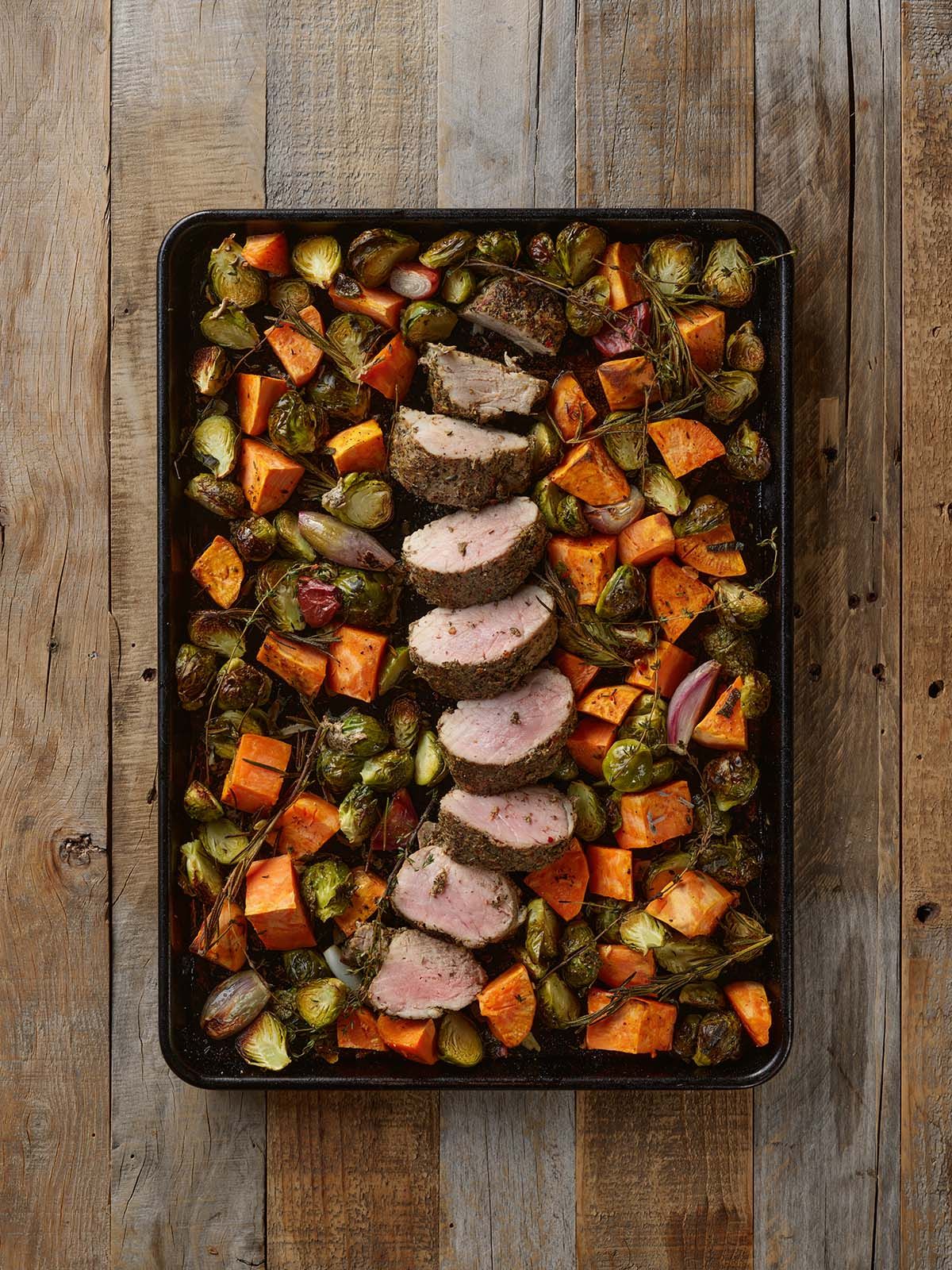 Sheet Pan Tenderloin with Fresh Herbs, Sweet Potatoes and Brussel Sprouts