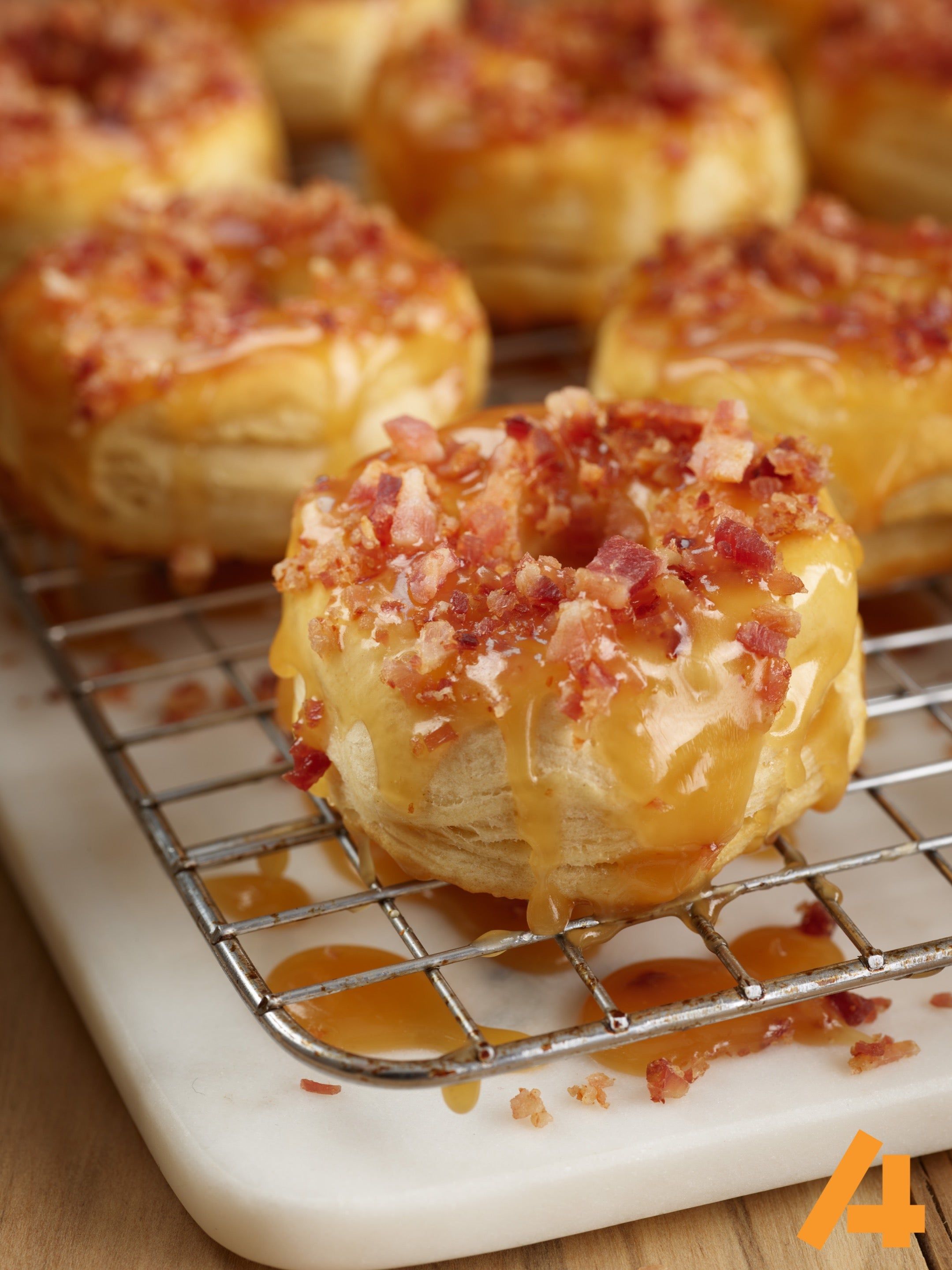 Air Fryer Donuts with Caramel Glaze and Bacon Sprinkles